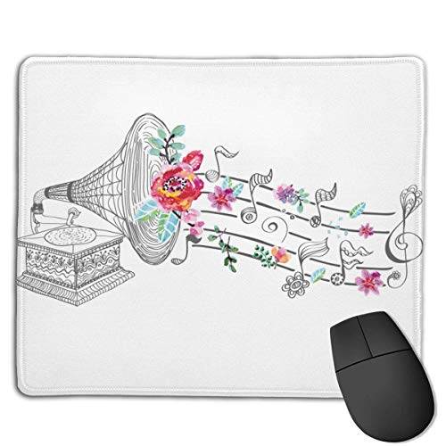 Musik Vintage Grammophon Plattenspieler mit Blumenornament Mausmatte Niedliches Mauspad Gummibasis Mousepad mit genähter Kante Wasserdichtes Büromauspad von N\A