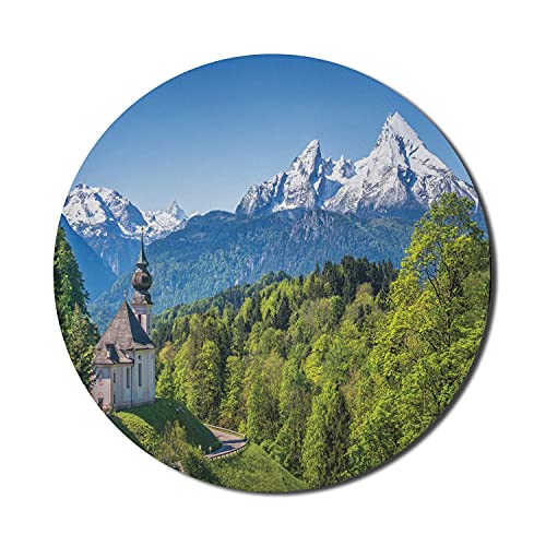 Snow Mountain Mouse Pad für Computer, historisches Gebäude und schneebedecktes Watzmann-Oberteil auf Hintergrund, rundes, rutschfestes, modernes Gaming-Mousepad aus dickem Gummi, 8 'rund, meerblau und von N\A