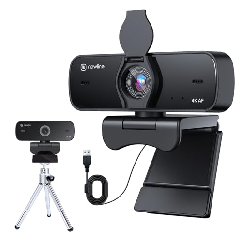 NewlineWork 4k PC Webcam mit 2 Mikrofonen mit Rauschunterdrückung, Autofokus, Lichtkorrektur, mit Privacy Shutter und Stativ, USB 2.0 UHD Webcam für PC Mac Desktop Skype Streaming von N newline