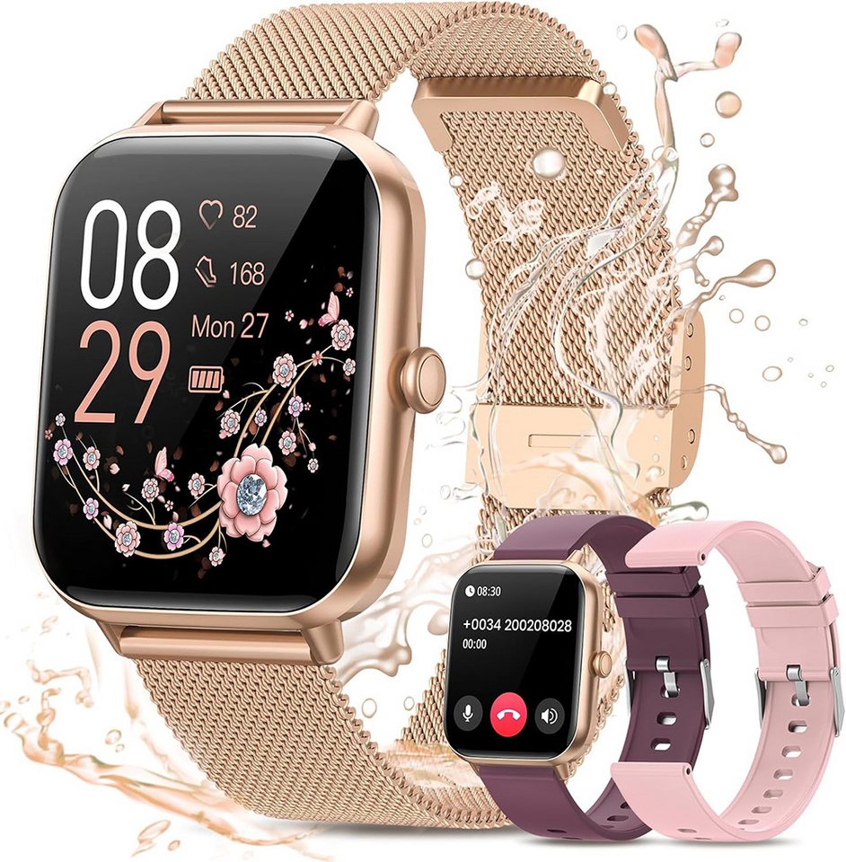 NAIXUES Smartwatch Damen mit blutzuckermessung Smartwatch (4.65 cm/1.83 Zoll, HD Voll Touchscreen) milanaise Armband Fitnessuhr, IP68, 24H Herzfrequenz, Menstruationszyklus, Schlafmonitor, SpO2, Geschenke für iOS Android Rosa von NAIXUES