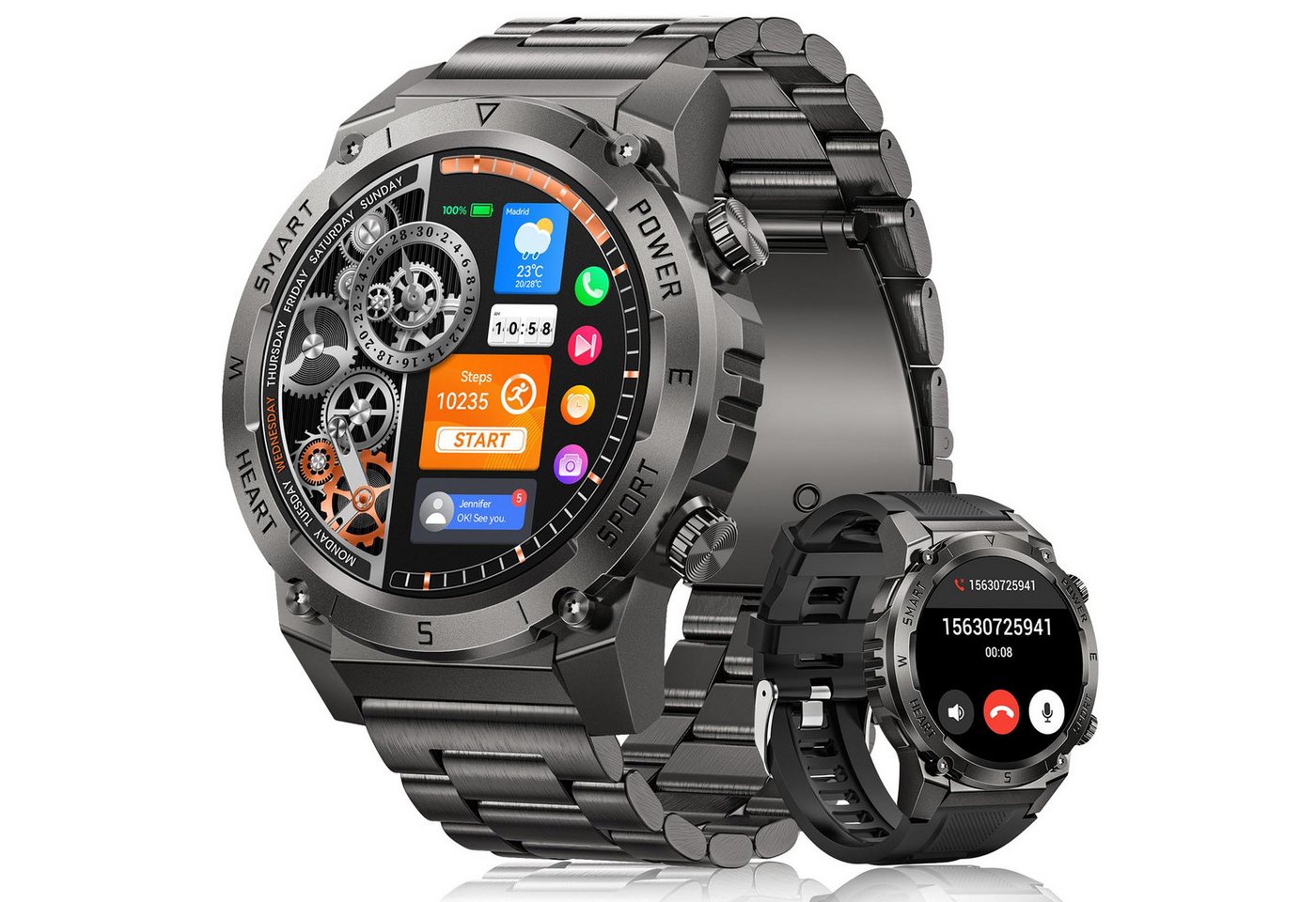 NAIXUES Smartwatch Herren mit Telefonfunktion Smartwatch (3.7 cm/1.46 Zoll, Uhren Herren mit 500mAH) IP68 Wasserdicht, 1-tlg., 120 Sportmodi, 24/7 Herzfrequenz, SpO2 und Schlafmonitor, für Android iOS von NAIXUES