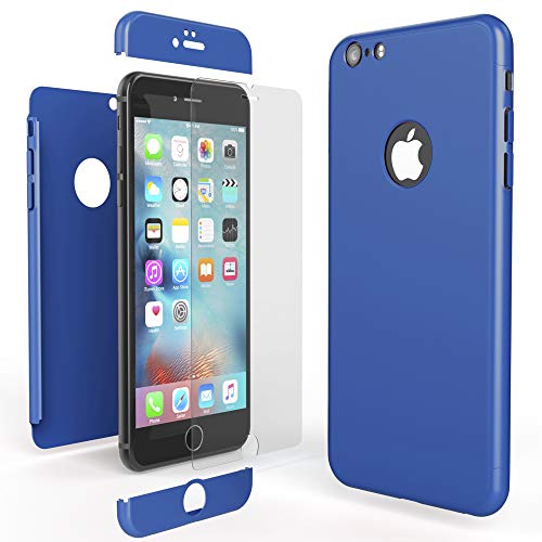 NALIA 360 Grad Handyhülle kompatibel mit iPhone 6 / 6s, Full-Cover & Glas vorne hinten Rundum Hülle Doppel-Schutz Dünn Ganzkörper Hard-Case Etui Handy-Tasche Bumper & Displayschutz, Farbe:Blau von NALIA