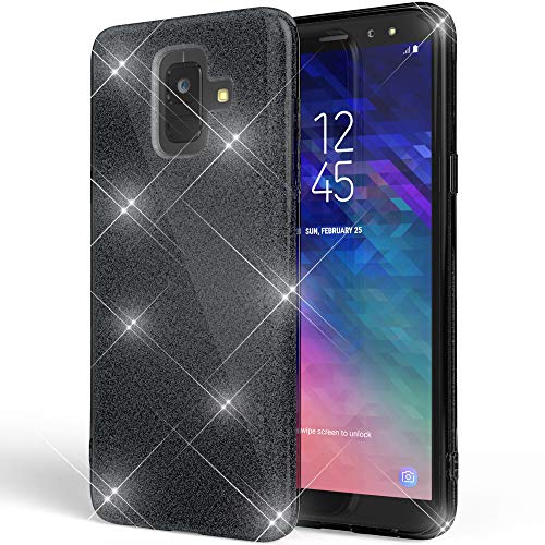 NALIA Glitter Hülle kompatibel mit Samsung Galaxy A6, Glitzer Handyhülle Ultra-Slim Silikon-Case Back-Cover Schutzhülle, Sparkle Handy-Tasche Bumper, Dünnes Bling Strass Etui, Farbe:Schwarz von NALIA