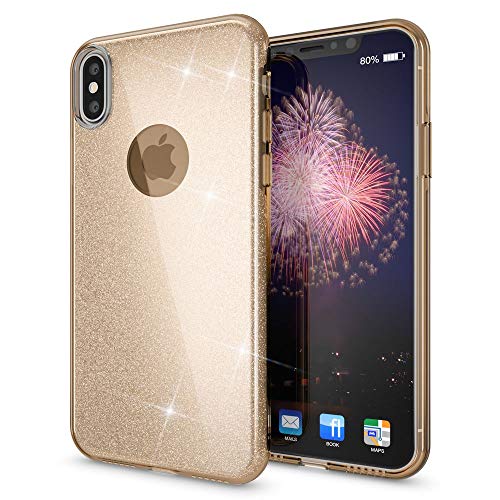 NALIA Glitzer Hülle kompatibel mit iPhone X XS, Glitter Sparkle Handyhülle Slim Silikon Case Back-Cover Schutzhülle, Dünne Handy-Tasche Schale Bumper Bling Strass Smart-Phone Etui, Farbe:Gold von NALIA