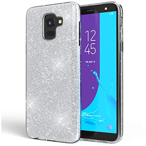 NALIA Handyhülle kompatibel mit Samsung Galaxy J6, Hülle Glitzer Ultra-Slim Silikon Case Cover Schutzhülle, Glitter Sparkle Handy-Tasche Bumper, Dünnes Bling Strass Phone Etui, Farbe:Silber von NALIA