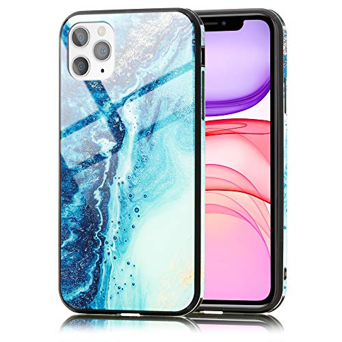 NALIA Hartglas Cover kompatibel mit iPhone 11 Pro Max Hülle, Marmor Design Hard-Case aus 9H Tempered Glass & Silikon Bumper, Kratzfeste Handyhülle Phone Schutzhülle Handy-Tasche, Farbe:Blau Türkis von NALIA