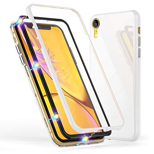 NALIA Magnetische 360° Glas Hülle kompatibel mit iPhone XR, Ultra-Slim Hard-Case Dünnes Hartglas Back-Cover mit Rahmen & Display-Schutz, Full-Body Schutzhülle Bumper Handy-Tasche Etui, Farbe:Weiß von NALIA