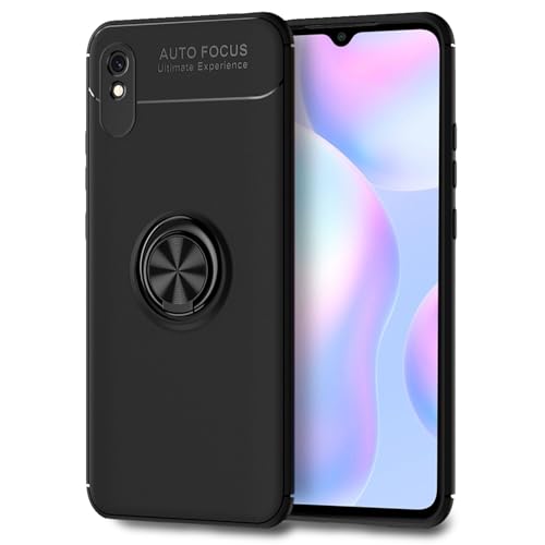 NALIA Ring Handyhülle kompatibel mit Xiaomi Redmi 9A Hülle, Silikon Cover mit 360-Grad Finger-Halter für magnetische KFZ-Halterung, Schutzhülle Phone Case Handy-Tasche Etui Bumper, Farbe:Schwarz von NALIA