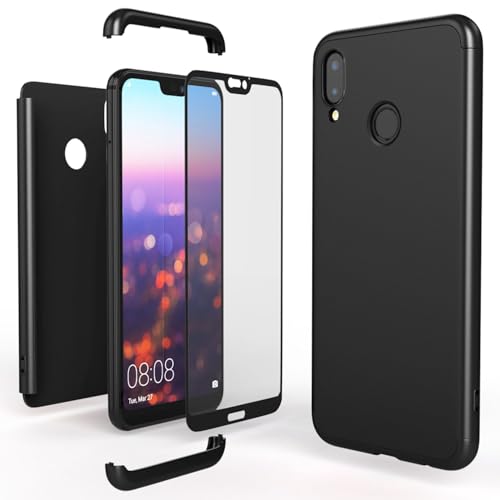 NALIA Rundum Handyhülle kompatibel mit Huawei P20 Lite, Cover 360° Grad Full-Body mit Displayschutzglas Doppel-Schutz, Slim Bumper Hard-Case 2 in1 Etui, Rückseite & Rahmen, Farbe:Schwarz von NALIA