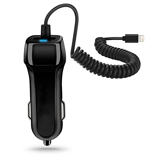 NAUC Auto Ladekabel kompatibel mit Apple iPhone 8 / Plus USB 8-Pin Kfz Ladegerät Adapter Lade Daten Gerät 3,1A 15W Dual Ladeadapter integriertes dehnbares Ladekabel, Farbe:Schwarz von NAUC