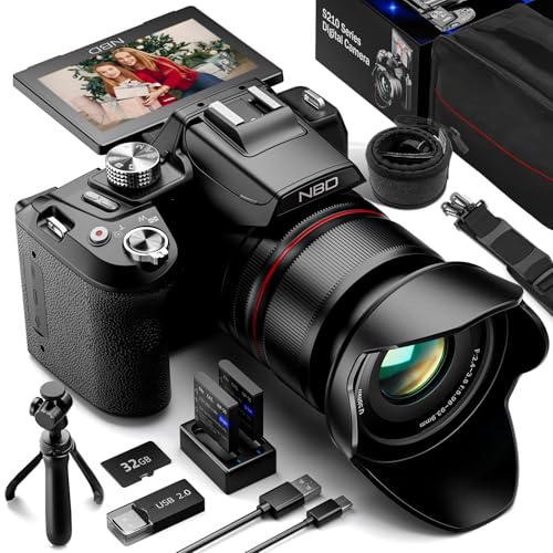 NBD Digitalkamera, Videokamera 4K 48 MP mit Autofokus, 16-facher Digitalzoom, 180-Grad-Display, drehbar 3,0 Zoll, NBD-S210-DP-BK-2502-EU von NBD