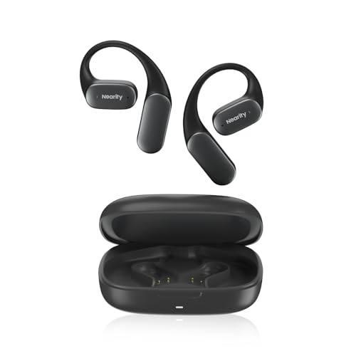 NEARITY MemPod Fit 2 Open-Ear Bluetooth Kopfhörer, kabellose Earbuds mit Deep Bass, bis zu 45 Stunden Spielzeit mit Ladeetui, komfortabel, duale Verbindung, Luftleitung, für Smartphone/Mac, Schwarz von NEARITY