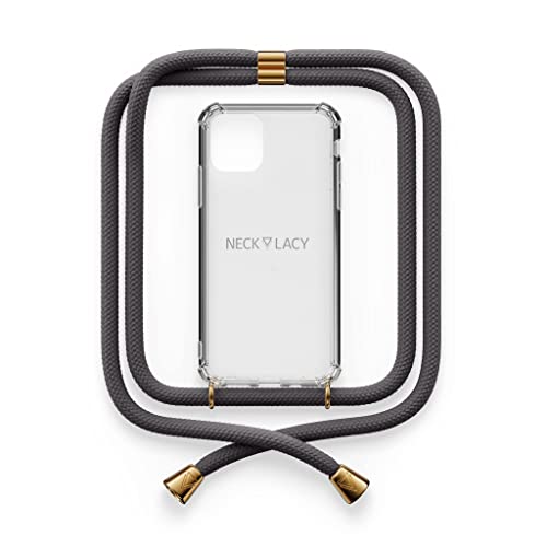 NECKLACY® - Die Premium Handykette für Apple iPhone 13 Pro in Stormy Grey | transparente Handyhülle mit hochwertiger Kordel zum Umhängen - Smartphone Crossbody Case von NECKLACY