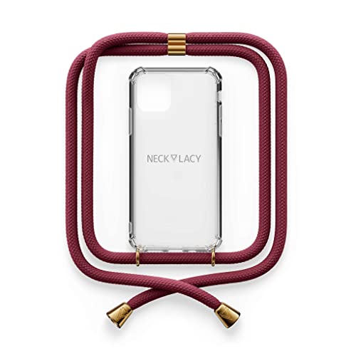 NECKLACY® - Die Premium Handykette für Apple iPhone 13 in Berry | transparente Handyhülle mit hochwertiger Kordel zum Umhängen - Smartphone Crossbody Case von NECKLACY