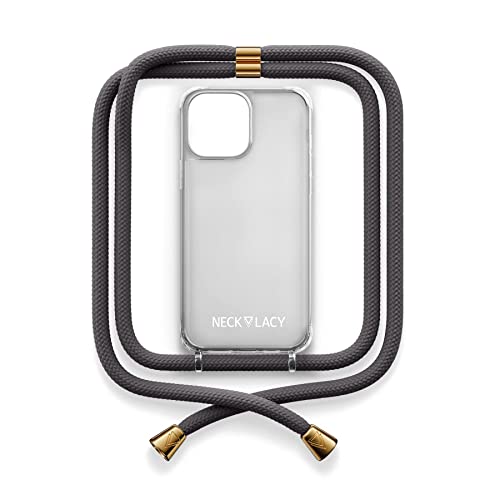 NECKLACY® - Die Premium Handykette für Apple iPhone 14 Plus in Stormy Grey | transparente Handyhülle mit hochwertiger Kordel zum Umhängen - Smartphone Crossbody Case von NECKLACY