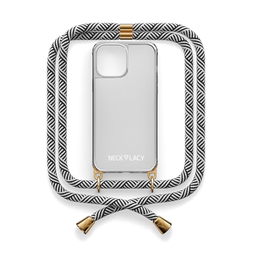 NECKLACY® - Die Premium Handykette für Apple iPhone 15 Pro in Domino Swirl | transparente Handyhülle mit hochwertiger Abnehmbarer Kordel zum Umhängen - Smartphone Crossbody von NECKLACY