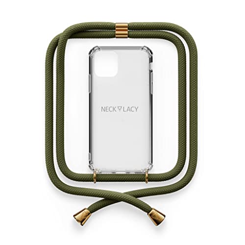 NECKLACY® - Die Premium Handykette für Apple iPhone 7/8 / SE in Dark Olive | transparente Handyhülle mit hochwertiger Kordel zum Umhängen - Smartphone Crossbody Case von NECKLACY