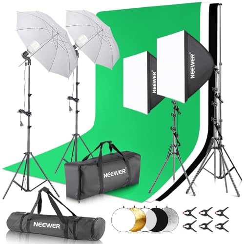 NEEWER Fotografie Beleuchtungsset mit Hintergrund, 8,5x10Fuß Hintergrundständer, 5700K 800W Äquivalent 24W LED Schirm Softbox Dauerlicht, 60cm Lichtreflektor, Fotostudio Ausrüstung für Videoaufnahmen von NEEWER