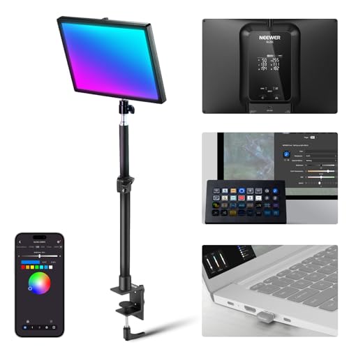 NEEWER GL25C LED RGB Streaming Key Light, APP/PC/Stream Deck Steuerung 25W 2500 Lux/0,5m 2900K-7000K CRI95+/TLCI97+ VOLL RGB dimmbares, kantenemittierendes, leises Webcam Videolicht mit Tisch Ständer von NEEWER