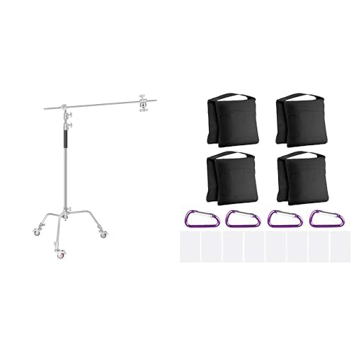 NEEWER Pro 100% Metall C Ständer Lichtständer mit Rädern, max. Höhe 330 cm Verstellbarer Reflektorständer mit 120 cm Auslegerarm, 4 Pack Heavy Duty Sandsäcke Saddlebag Design 4 Gewicht Taschen von NEEWER