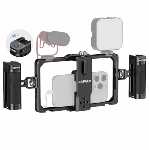 NEEWER Universal Telefon Käfig Video Rig mit Bluetooth Auslöser Seitengriff komfortable Griffe Handy Stabilisator für Video, Phone Cage kompatibel mit iPhone 15 Pro Max 15 Pro Galaxy S24 Ultra PA009E von NEEWER