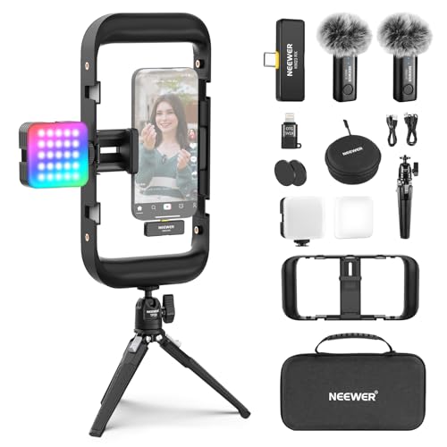 NEEWER Vlogging Set für Handy mit RGB LED Licht/Lavalier Funkmikrofon System/Mini Stativ/Handy Käfig Video Rig, Inhalt Ersteller Grundausstattung kompatibel mit iPhone Android Podcast YouTube, PA049 von NEEWER