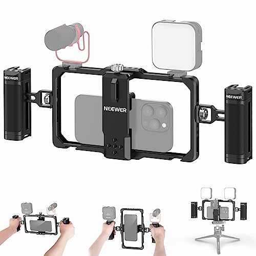 NEEWER Verbesserte Phone Käfig Cage Rig Vlogging Set, Videostabilisator mit doppeltem Griff drahtloser Mic Clip Slot für Tiktok/YouTube Kompatibel mit SmallRig iPhone 16 15 14 Pro Max Galaxy S23 PA009 von NEEWER