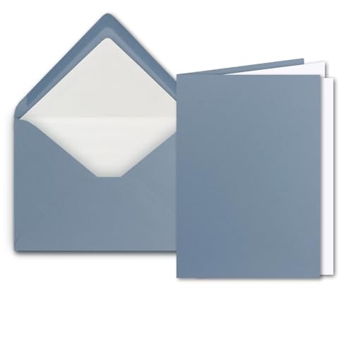 100x Stück Karten Set in Graublau (Blau) Faltkarte DIN A6 mit passendem Einlegeblatt in Weiß und Umschlag DIN C6 mit weißem Seidenfutter von NEUSER PAPIER