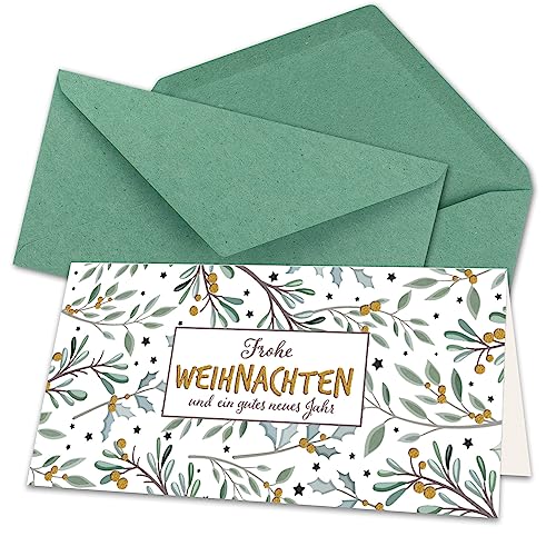 10x Weihnachtskarten-Set DIN Lang in Weiß mit Eukalyptus- und Mistelzweigen - Faltkarten mit Umschlägen DIN Lang Kraftpapier Eukalyptus mit Nassklebung - Weihnachtsgrüße für Firmen und Privat von NEUSER PAPIER