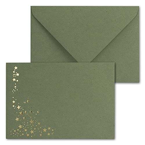 200x Weihnachts-Briefumschläge - DIN C6 - mit Gold-Metallic geprägtem Sternenregen -Farbe: Kraftpapier Grün- Nassklebung, 120 g/m² - 114 x 162 mm von NEUSER PAPIER