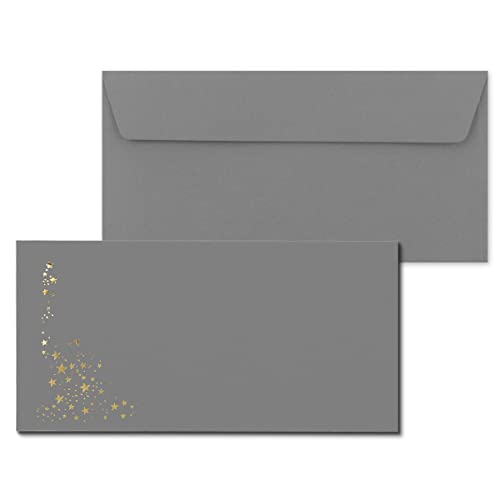 400x Briefumschläge mit Metallic Sternen - DIN Lang - Gold geprägter Sternenregen - Farbe: Grau - Haftklebung - 120 g/m² - 110 x 220 mm - ideal für Weihnachten von NEUSER PAPIER