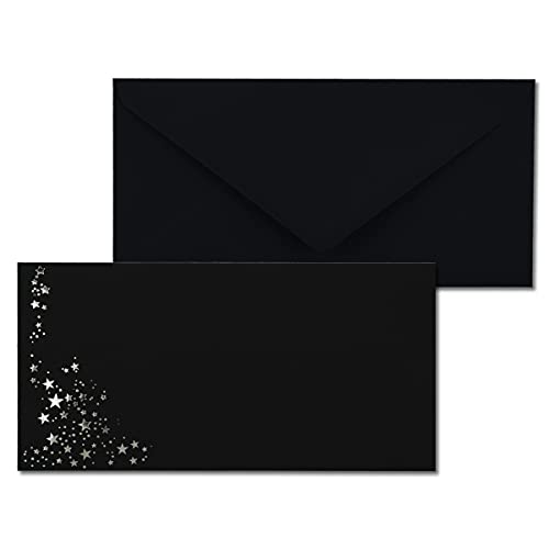 400x Briefumschläge mit Metallic Sternen - DIN Lang - Silber geprägter Sternenregen - Farbe: Schwarz - Nassklebung - 120 g/m² - 110 x 220 mm - ideal für Weihnachten von NEUSER PAPIER