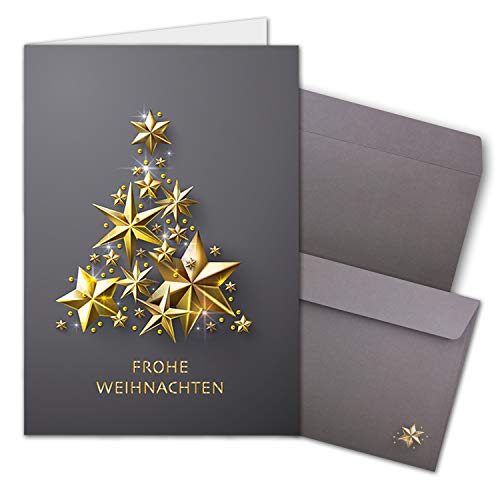 NEUSER PAPIER 10x Weihnachtskarten-Set DIN A6 in Grau mit goldenem Weihnachtsbaum aus Sternen - Faltkarten mit passenden Umschlägen - Weihnachtsgrüße für Firmen und Privat von NEUSER PAPIER