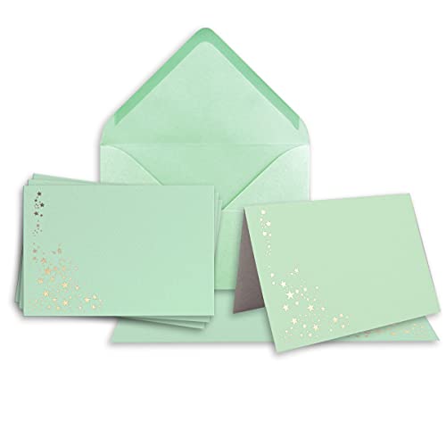 NEUSER PAPIER Faltkarten-Set mit Umschlägen DIN A6 - Mintgrün mit goldenen Metallic Sternen - 10 Sets - für Drucker geeignet Ideal für Weihnachtskarten von NEUSER PAPIER