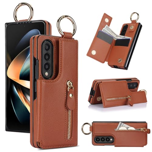 Fingerring PU-Ledertasche für Samsung Galaxy Z Fold 3, faltbar, mit Reißverschluss, Ständer, Geldfach Kartenschlitz Handytasche für Z Fold 3 (Braun) von NFXT