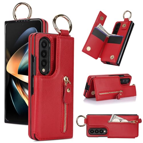 Fingerring PU-Ledertasche für Samsung Galaxy Z Fold 3, faltbar, mit Reißverschluss, Ständer, Geldfach Kartenschlitz Handytasche für Z Fold 3 (Rot) von NFXT