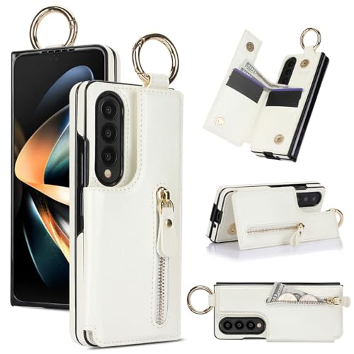 Fingerring PU-Ledertasche für Samsung Galaxy Z Fold 4, faltbar, mit Reißverschluss, Ständer, Geldfach Kartenschlitz Handytasche für Z Fold 4 (Weiß) von NFXT