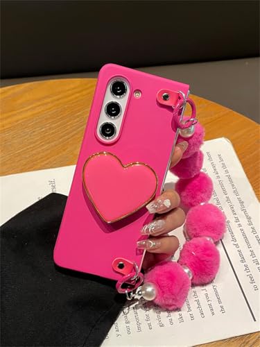 NHDCJF Love Heart Bracket Case mit Hairball Ball Pearl Chain für Galaxy Z Fold 5 Z Fold4 Fold3 Z fold 56 Tragbare Hülle,A,Für Z Fold 5 von NHDCJF