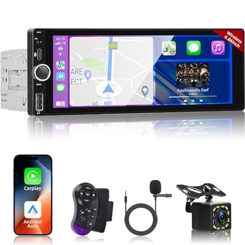 1 Din 6,86" HD Touchscreen Autoradio mit Drahtlos Carplay und Android Auto - 1 Din Radio Unterstützung Mirror Link FM RDS EQ Bluetooth + 12 Led Rückfahrkamera&Mic von NHOPEEW