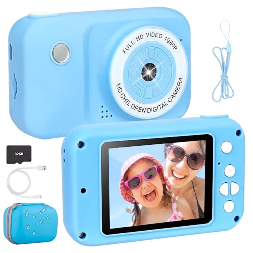 Kinderkamera inkl.Tragetasche 2,4" Bildschir 1080P HD Kinder Kamera 32G SD-Kart Selfie Digitalkamera Geschenke für 3-12 Jahre Jungen und Mädchen für Geburtstagsgeschenk Weihnachten Spielzeug (Blau) von NICEWIN