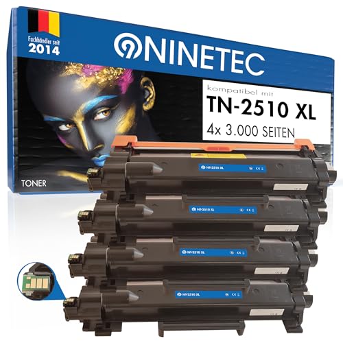 NINETEC 4 Toner je 3000 Seiten mit Chip kompatibel für Brother TN2510XL TN-2510 XL für MFC-L2835DW MFC-L2860DW MFC-L2800DW HL-L2445DW DCP-2660DW HL-L2400D DW DWE 2440DWE 2460DW (schwarz, 4er-Pack) von NINETEC