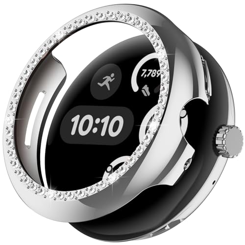 NINKI Glitzer-Schutzhülle für Google Pixel Watch 3, 41 mm, Glitzer, Pixel Watch 2, Stoßstange, glitzernde Diamanten, Strasssteine, Schutzhülle für Google Watch 3, 41 mm, Stoßfängerhülle, Damen, Silber von NINKI