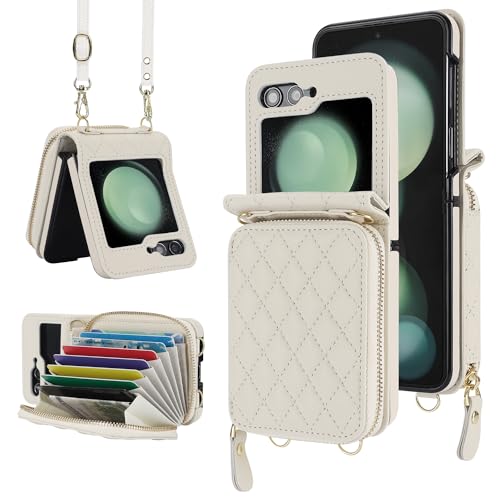 NINKI Kompatibel Samsung Galaxy Z Flip 5 hülle mit Kartenhalter,Stoßfeste PU Leder Schlutergurt Cover Schutzhülle handyhülle für Galaxy Z Flip 5 Wallet Case, Samsung Z Flip 5 Case für Frauen Weiß von NINKI