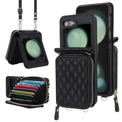 NINKI für Samsung Galaxy Z Flip 6 Geldbörse Hülle mit Kartenhalter,Leder Abnehmbare Schlutergurt Case für Samsung Z Flip 6 Wallet handyhülle,Galaxy Z Flip 6 Telefonhülle für Frauen Schwarz von NINKI