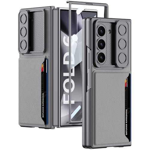 NINKI für Samsung Galaxy Z Fold 6 Wallet Case mit Kartensteckplatz [Slide Camera Cover],Graue stoßfeste Schutzhülle für Samsung Fold 6 Wallet Hülle,Galaxy Z Fold 6 Displayschutz handyhülle Grau von NINKI