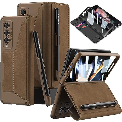 NINKI kompatibel mit Samsung Galaxy Z Fold 5 5G Handyhülle mit S-Stifthalter,Displayschutz Cover, Scharnierschutz Hülle mit Ständer Stifthalter, abnehmbarer Geldbörse Case Z Fold 5 Schutzhülle Braun von NINKI