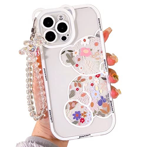 NITITOP Kompatibel für iPhone 14 Pro Max Hülle mit Bärenohren Klar Niedliche Blume mit schöner Armbandkette Blumen für Mädchen Frauen Weiches TPU Stoßfest Schutz Mädchen Bär von NITITOP