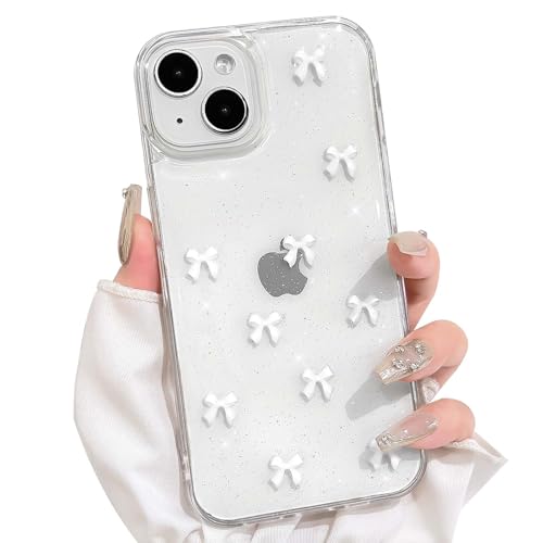 NITITOP Kompatibel mit iPhone 14 Plus / 15 Plus Hülle Klar Transparent Cute 3D Weiß Schleife Süßes Glitzer Glitzernde Paillette Teen Girls Dünne Schutzhülle - Weiß Schleife von NITITOP