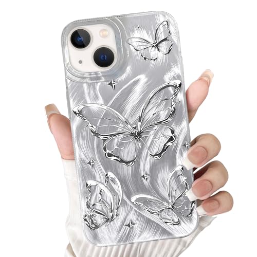 NITITOP Kompatibel mit iPhone 14 Plus / 15 Plus Schmetterlingsmotiv Niedliche Frauen Mädchen Glitter Laser Glanz Feder Ästhetischer Stil Ästhetischer Antichoc Hart Schutz Telefon Cover - Silbrig von NITITOP