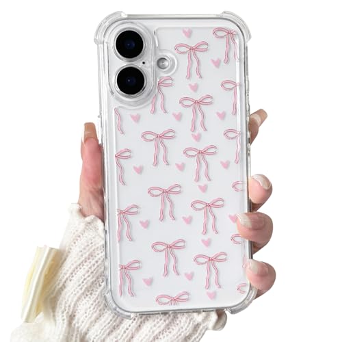 NITITOP Kompatibel mit iPhone 16 Plus Hülle Klar mit Vier Ecken Niedliches Bowknot Ribbon Herzmuster für Frauen Mädchen Bow Soft TPU Stoßdämpfende Schutzhülle - Rosa von NITITOP